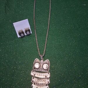 Charming Silver Owl Necklace and Earring Set